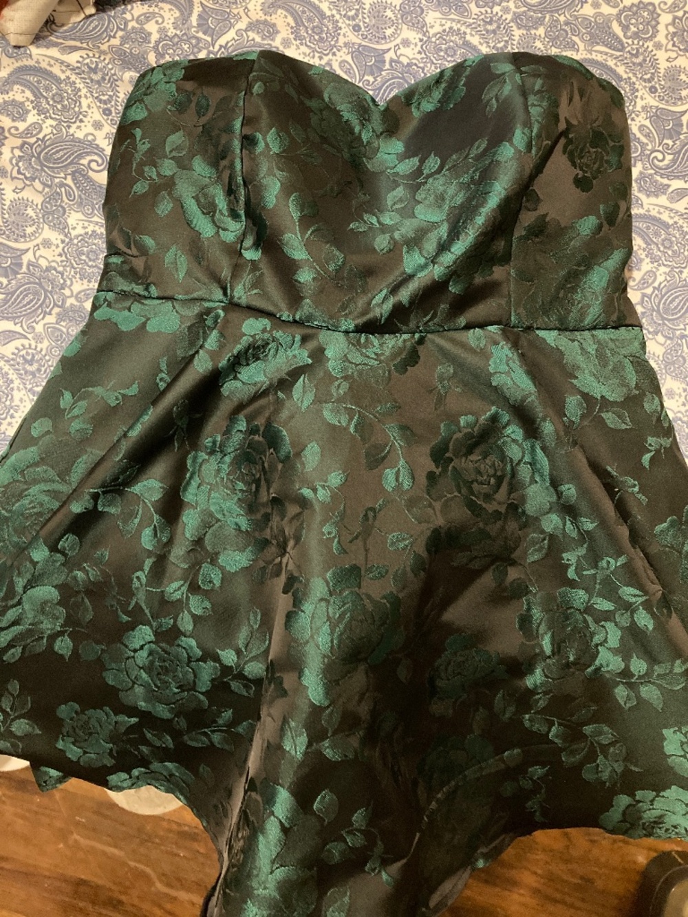 Green and black floral strapless dress